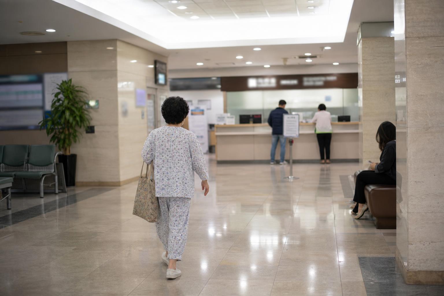 한국 병원 로비를 지나가는 환자의 뒷모습